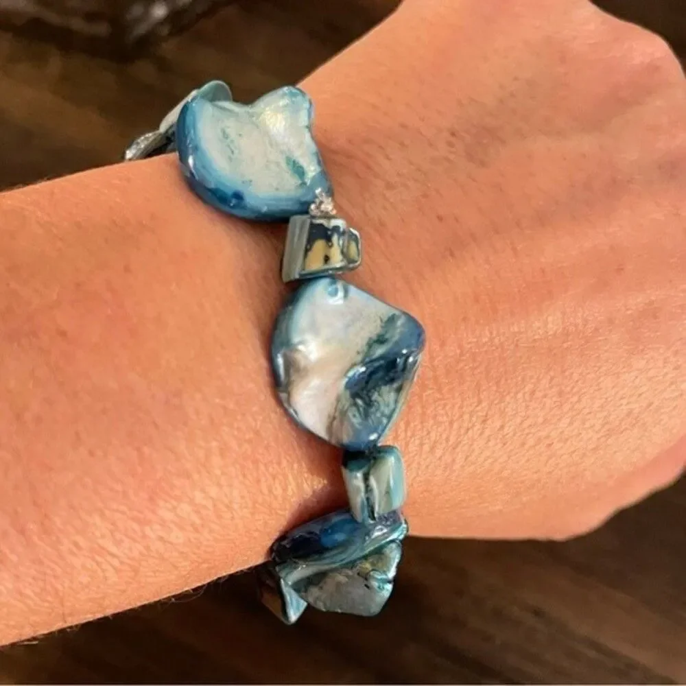 Blue Shell Beaded Chunk Stretch Bracelet